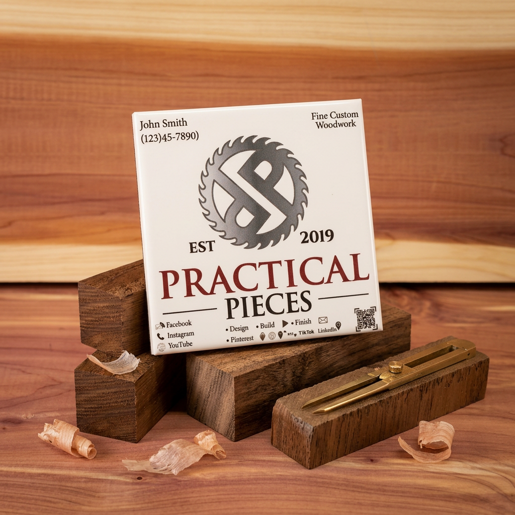 Wooden business card holder with a business card for 'Practical Pieces' on a wooden background.