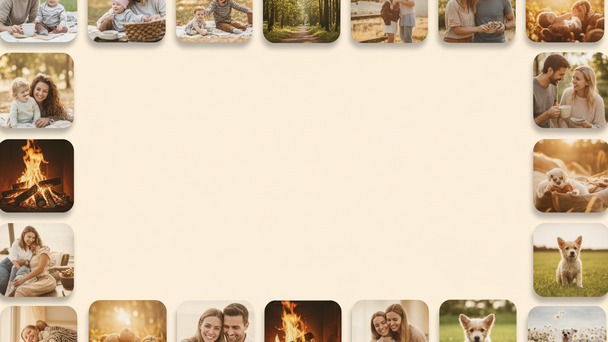 Collection of square images showing various family moments and nature scenes on a beige background. Family-oriented/custom-hand-made/great-gifts
