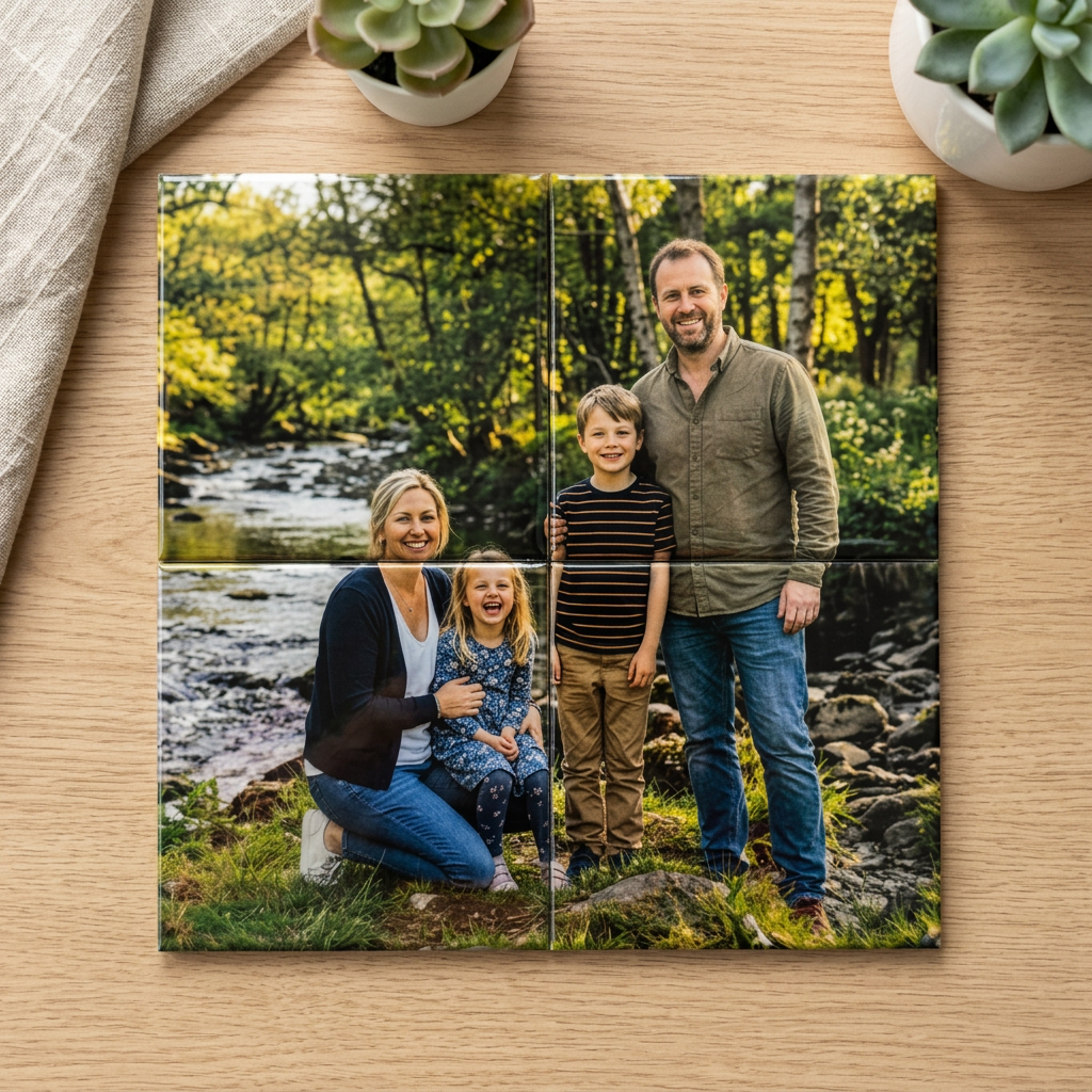 Family photo collage on a wooden surface with two potted plants.