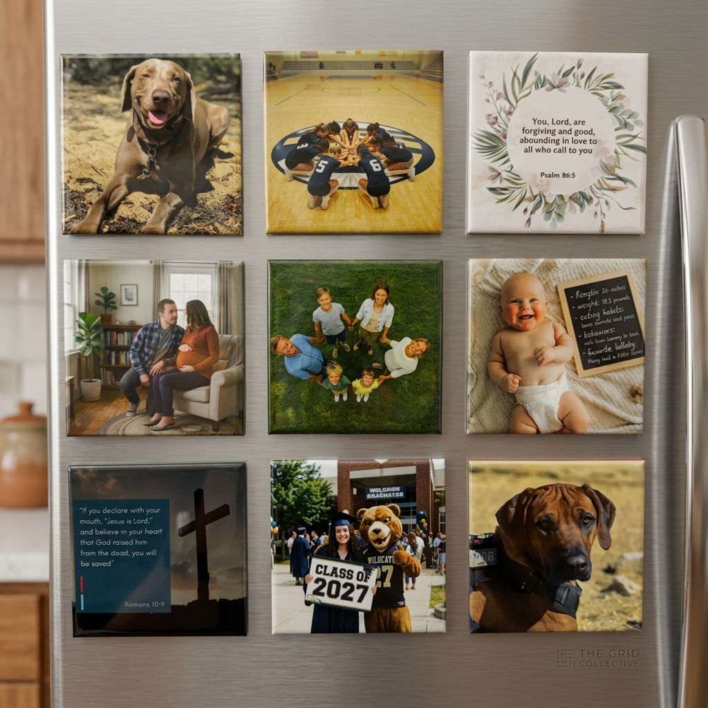 Collection of family photos and a motivational quote on a refrigerator.