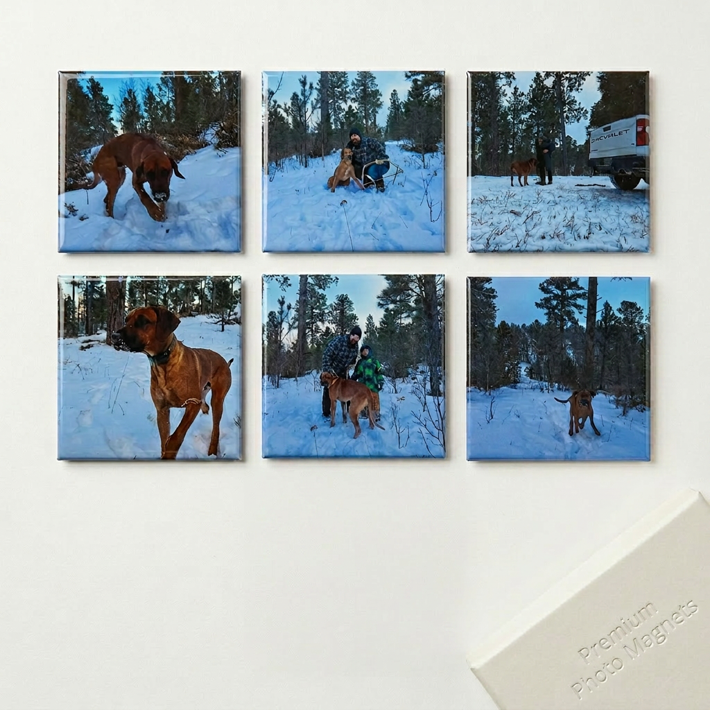 Set of six square tiles depicting a dog in a snowy landscape with trees.