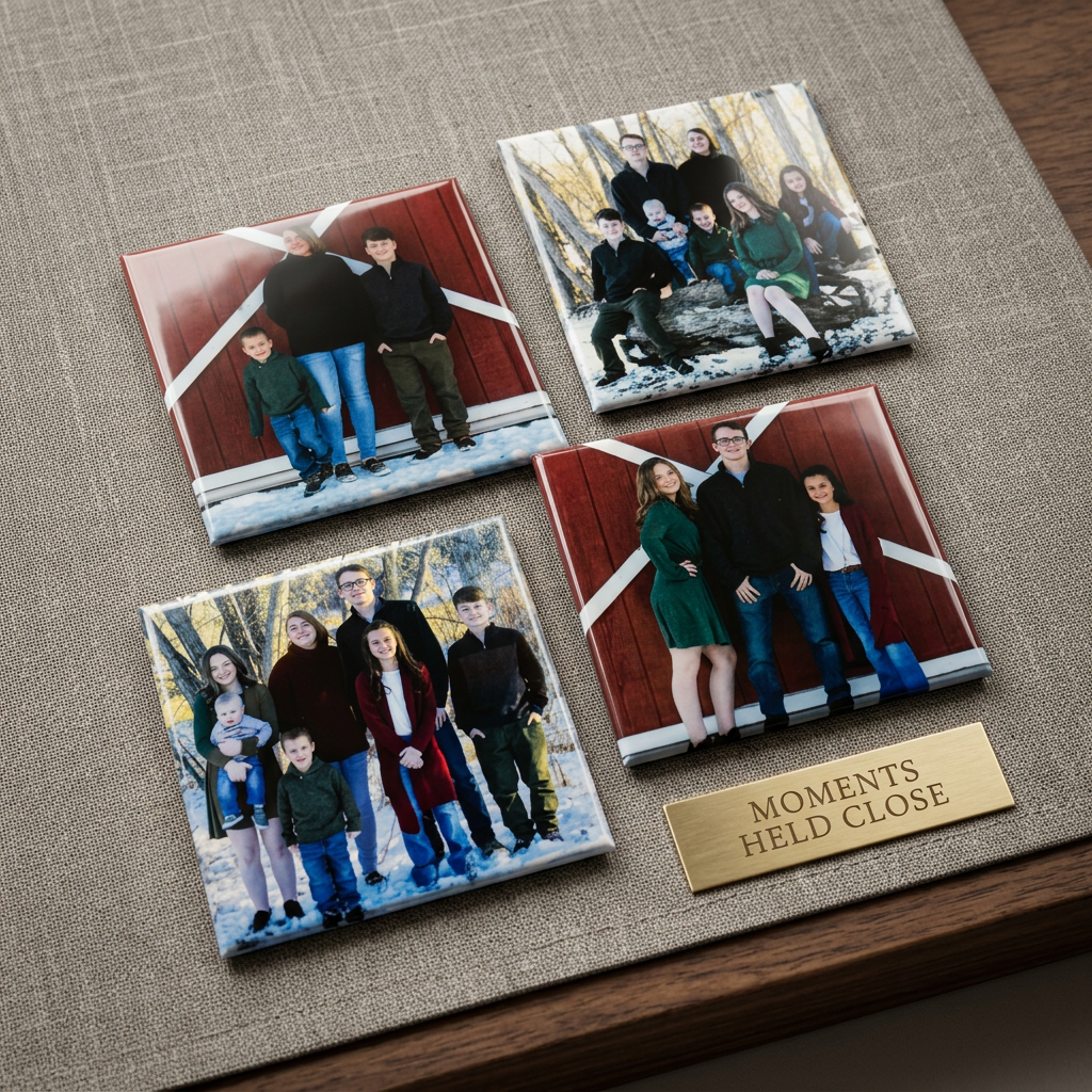 Four family photos on a textured surface with a gold plaque reading 'Moments Held Close'.