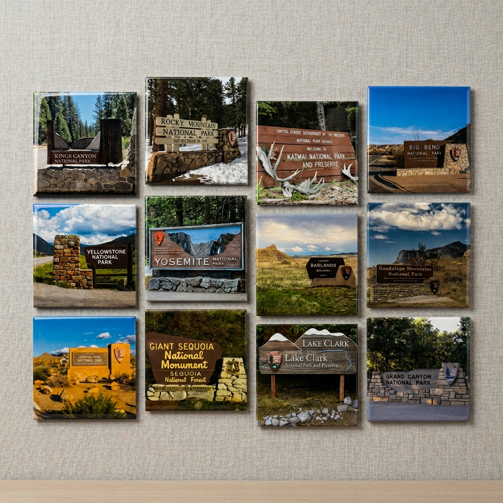 Collection of National Park signs displayed on a wall. collect varios different collages of trips or visits to different places that your family has visited with a custom arrangement of photo magnets
